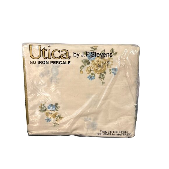 Vtg 70s Utica Cream Floral Elegante Twin Fitted Sheet Deadstock New Cotton Blend - Picture 1 of 8